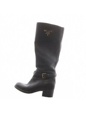 Prada Long Boots Chunky Heels Logo Leather Black
